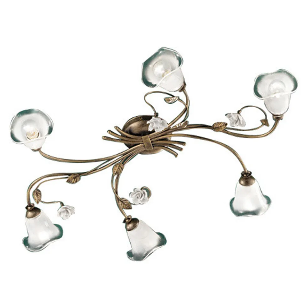 Vintage 6-flammige Deckenlampe aus Eisen, Glas und Keramikrosen - Siena