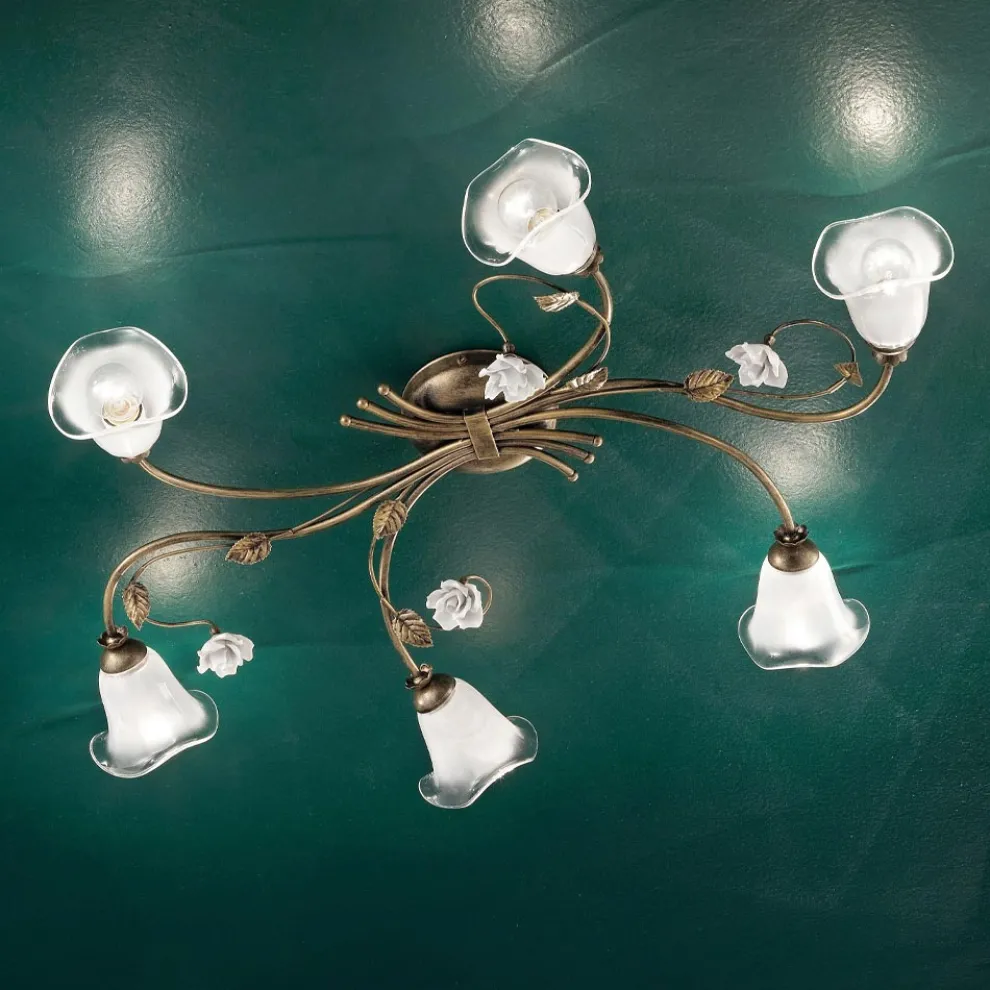 Vintage 6-flammige Deckenlampe aus Eisen, Glas und Keramikrosen - Siena