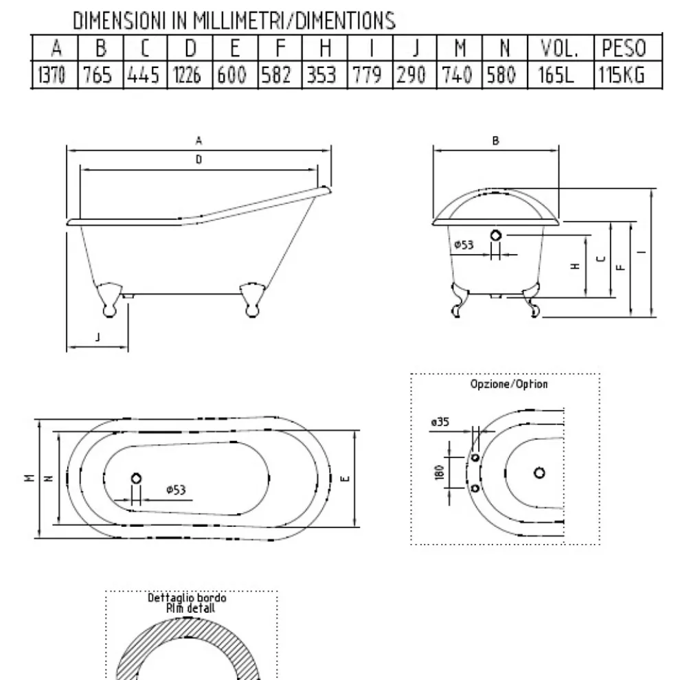 Vintage freistehende Badewanne aus weißem Gusseisen Made in Italy - Paulina