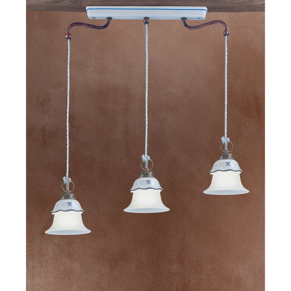 Vintage 3-Licht-Hängelampe aus Eisen, Glas und Keramik - Ferrara