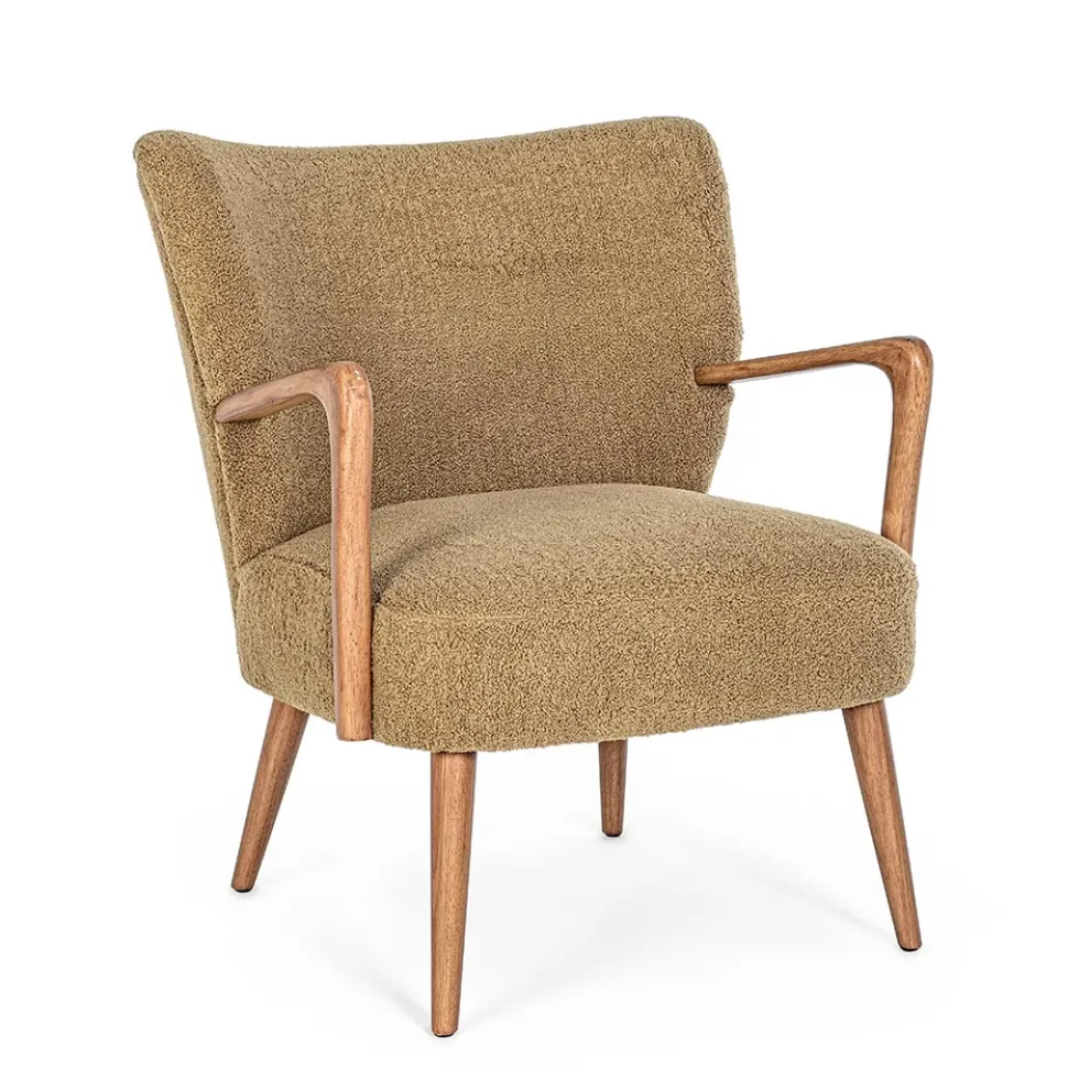 Vintage Rubberwood Sessel und Sitzfläche und Armlehnen in Wolloptik - Patrizia