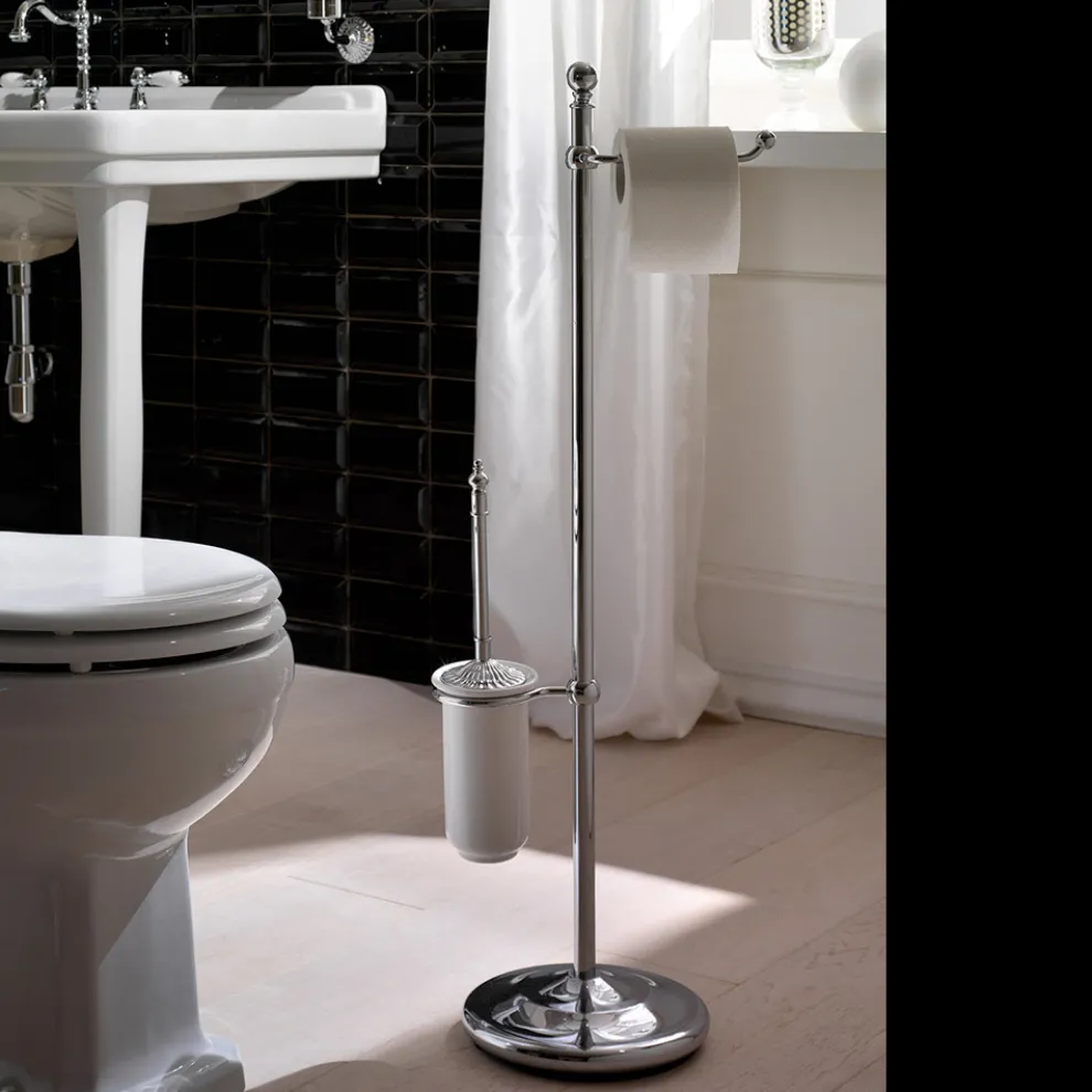 Vintage Stehlampe mit Papierhalter und Toilettenbürstenhalter aus Messing und Keramik - Caen