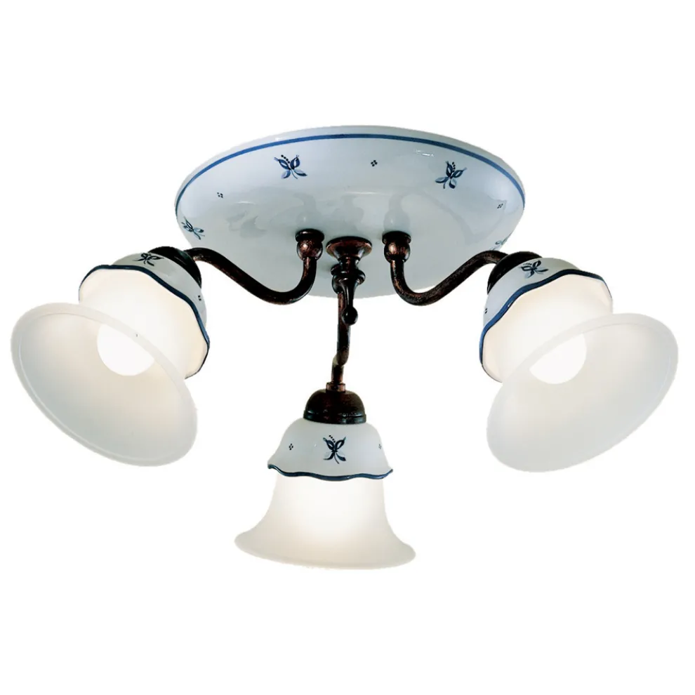 Vintage-Deckenlampe aus Eisen, Glas und handbemalter Keramik - Ferrara