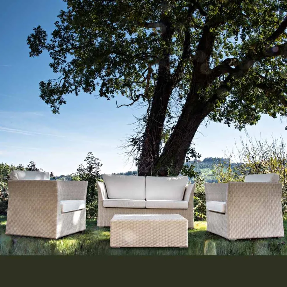 REHAU Polyrattan Garten-Lounge-Set und weiße Kissen - Pepe