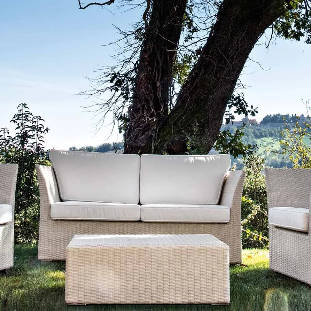 REHAU Polyrattan Garten-Lounge-Set und weiße Kissen - Pepe