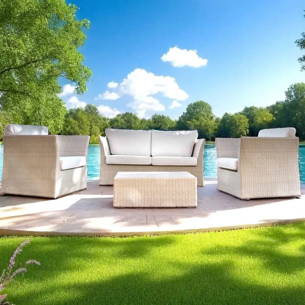 REHAU Polyrattan Garten-Lounge-Set und weiße Kissen - Pepe