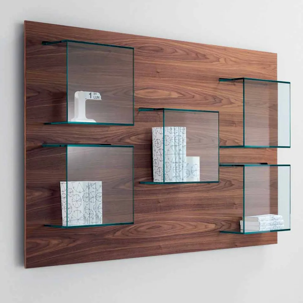 Wandpaneel aus Canaletto-Walnussholz und Glasregalen 2 Größen - Basil