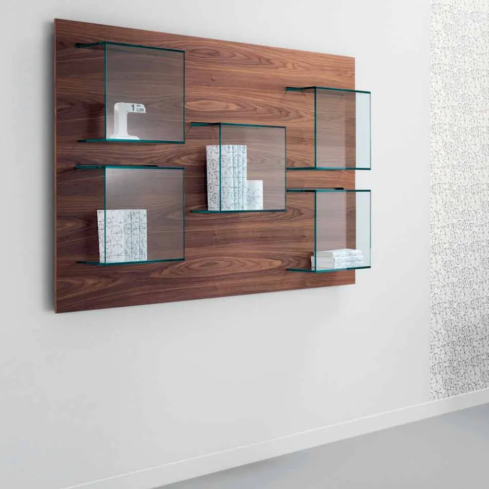 Wandpaneel aus Canaletto-Walnussholz und Glasregalen 2 Größen - Basil