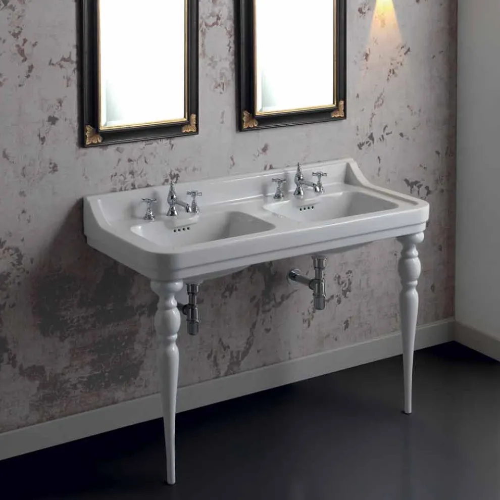 Waschbeckenkonsole mit Doppelwaschbecken Keramik klassischer Stil made in Italy, Swami
