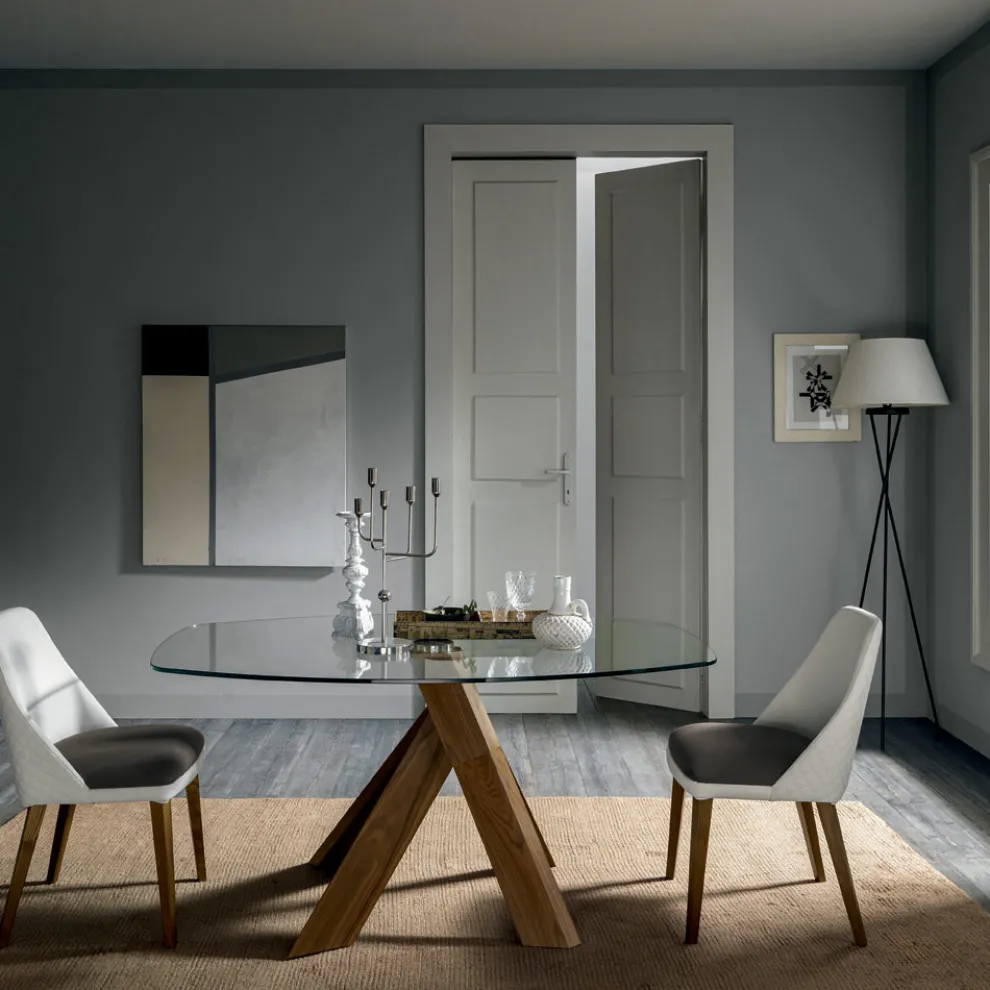 Wohnzimmer Esstisch Glasplatte und Holzbeine - Botanical