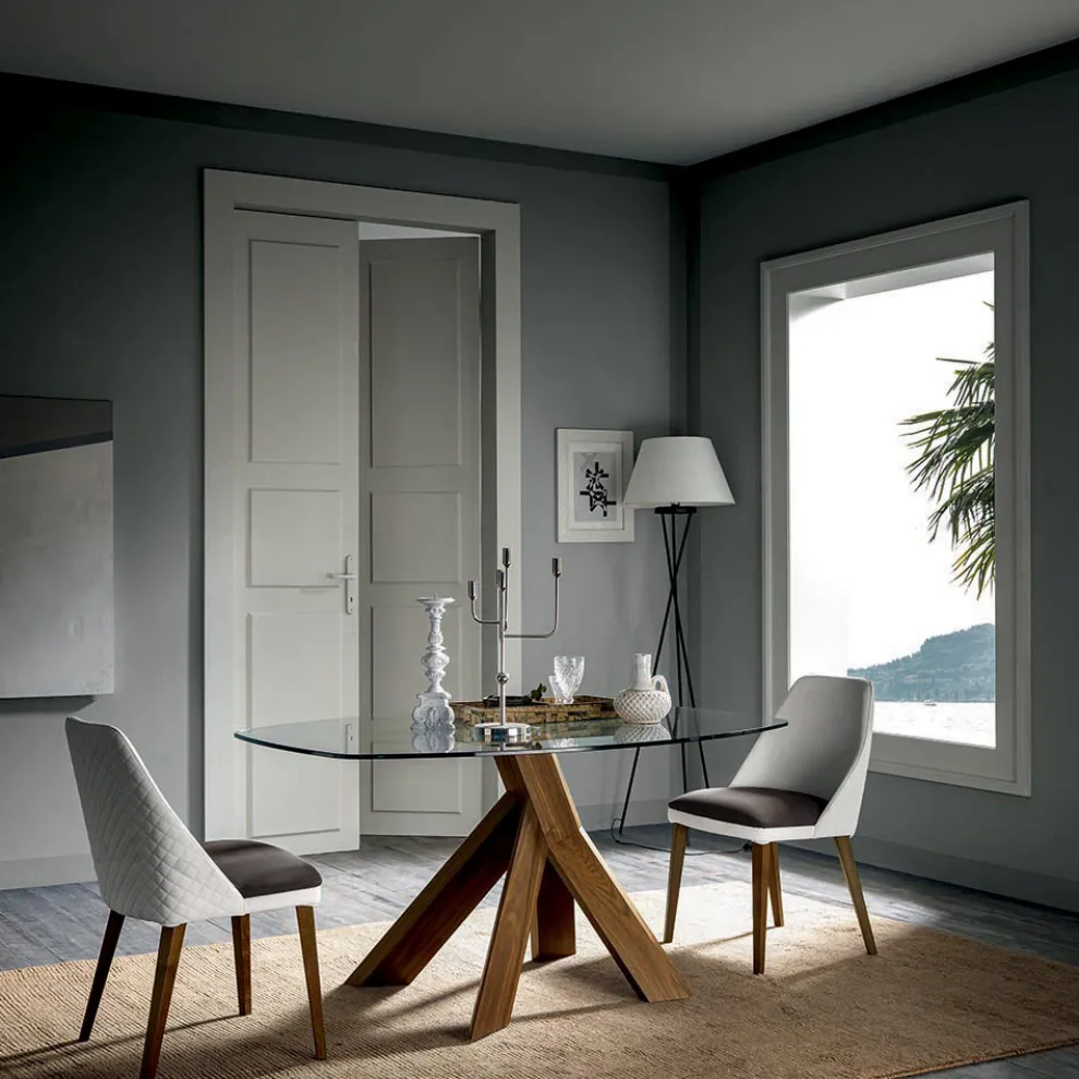 Wohnzimmer Esstisch Glasplatte und Holzbeine - Botanical