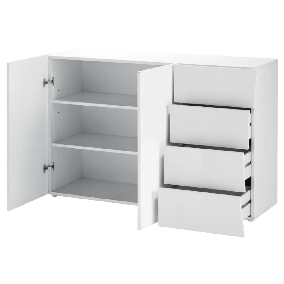 Wohnzimmer Sideboard 2 Türen 4 Schubladen aus gewölbtem Holz glänzend weiß - Sabine