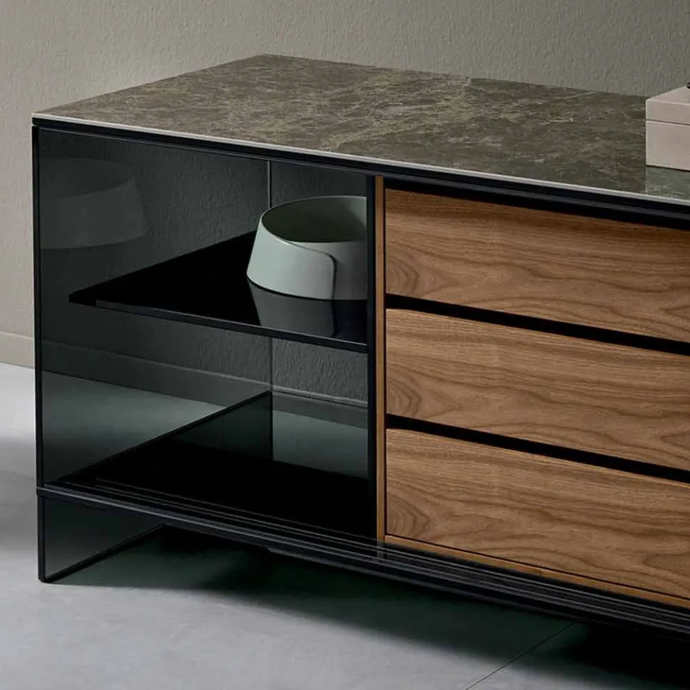 Wohnzimmer Sideboard in Smokey Glass mit Bronze Spiegeltür Made in Italy - Scocca