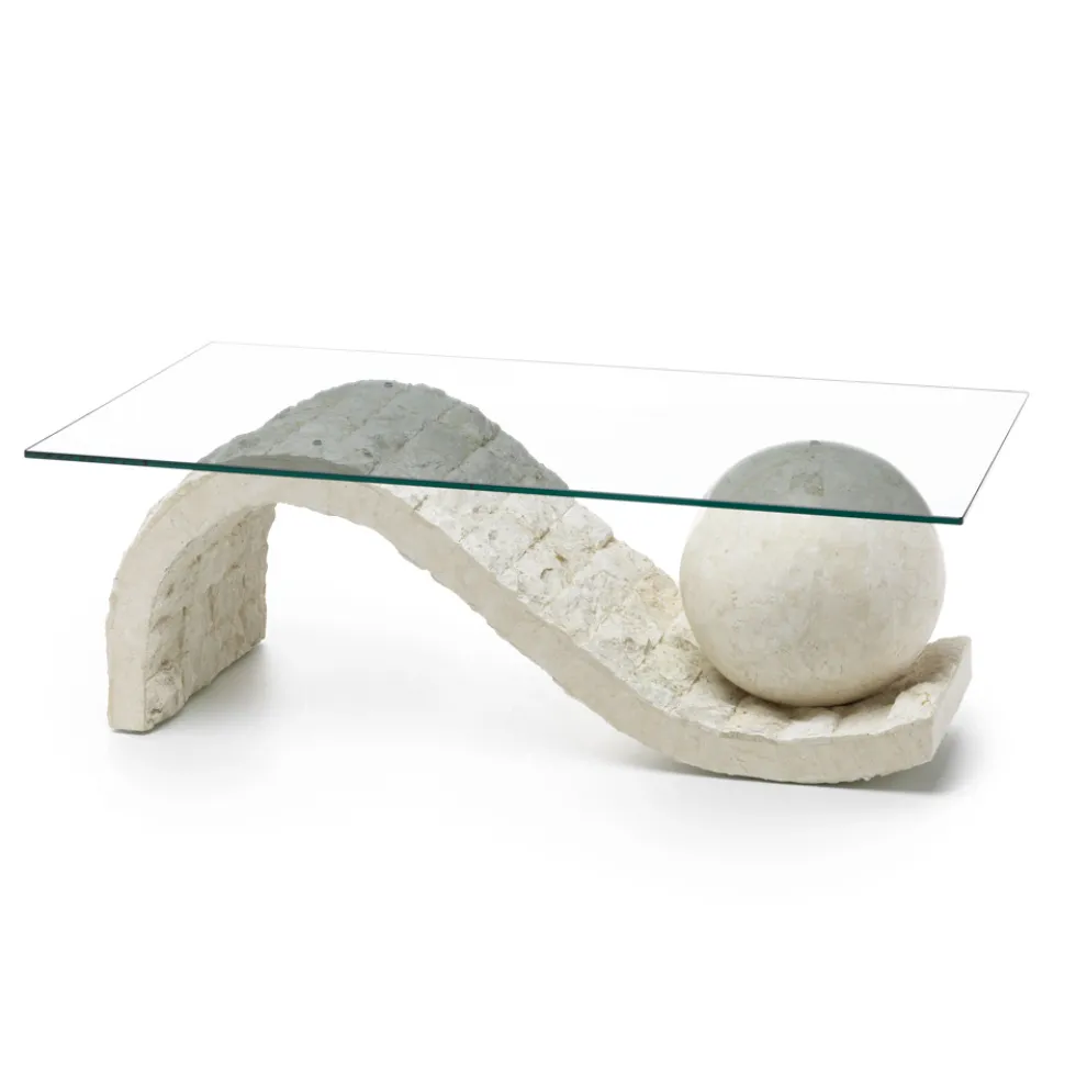 Wohnzimmer-Couchtisch mit Glasplatte und Sockel aus Fossilstein – Kugel