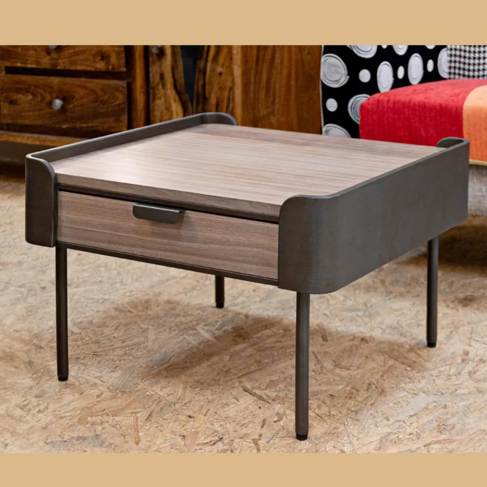 Wohnzimmer-Couchtisch aus Tannenholz und Grauguss mit 2 Schubladen - Cooper
