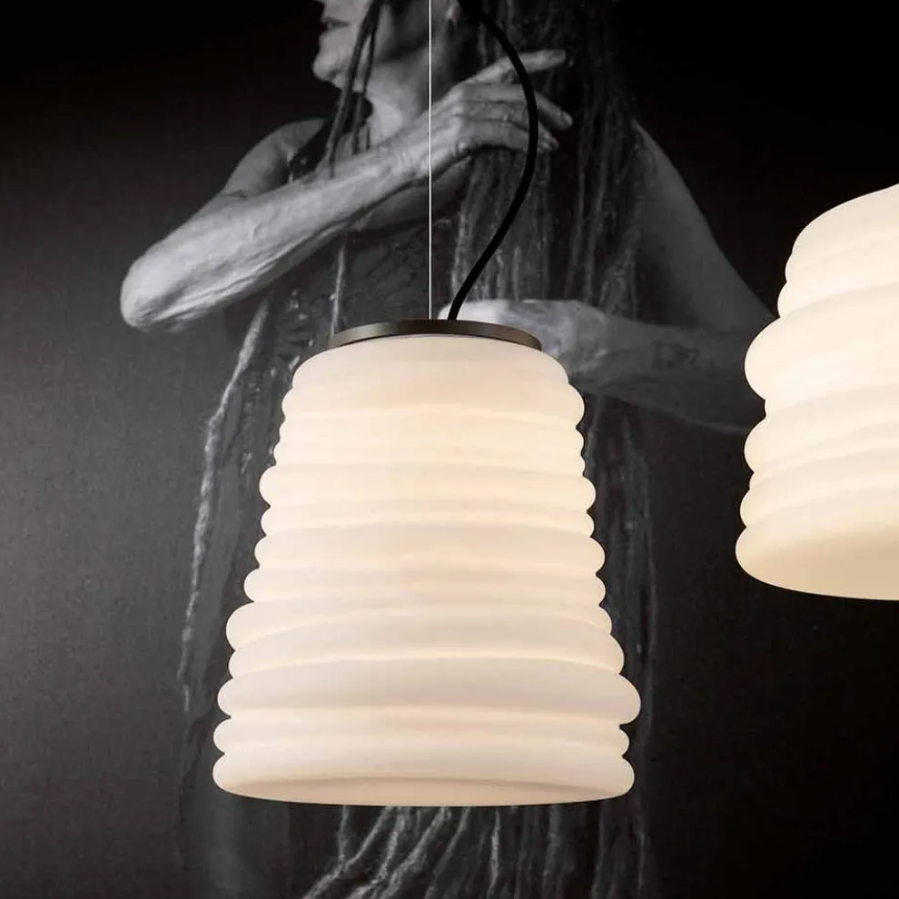 Wohnzimmer-Hängelampe aus weißem Satinglas 3 Dimensionen - weich