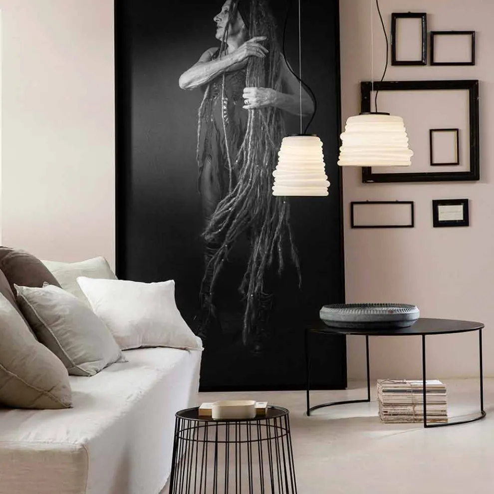 Wohnzimmer-Hängelampe aus weißem Satinglas 3 Dimensionen - weich