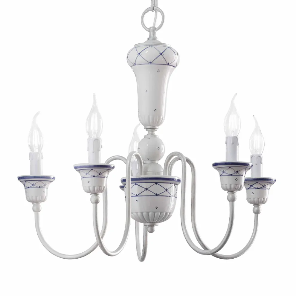 Wohnzimmer-Kronleuchter mit 5 Lichtern aus handbemalter Keramik und Messing - Sanremo