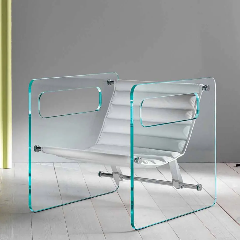 Wohnzimmersessel aus Glas und Sitz aus weißem Leder Luxus Design - Tecna