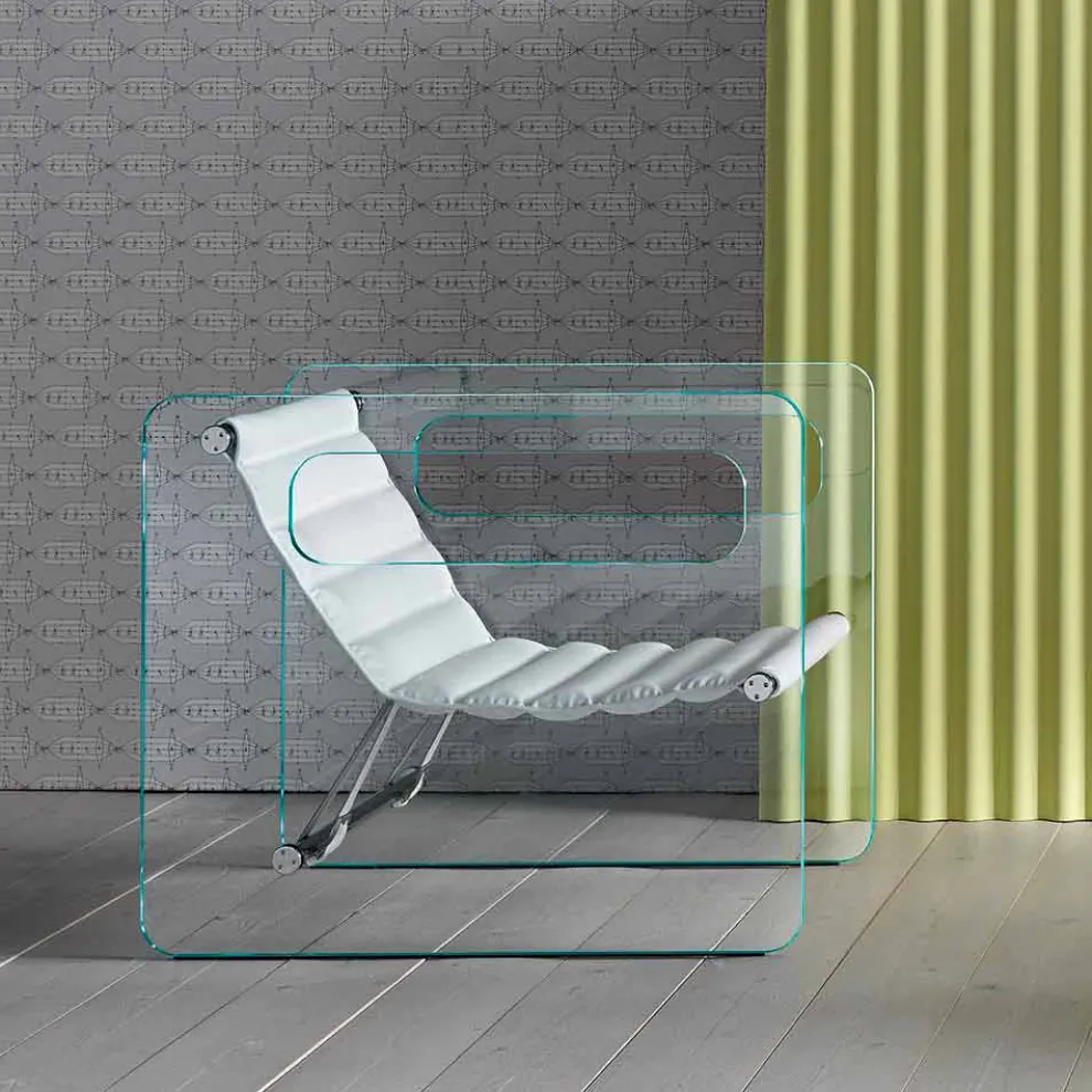 Wohnzimmersessel aus Glas und Sitz aus weißem Leder Luxus Design - Tecna