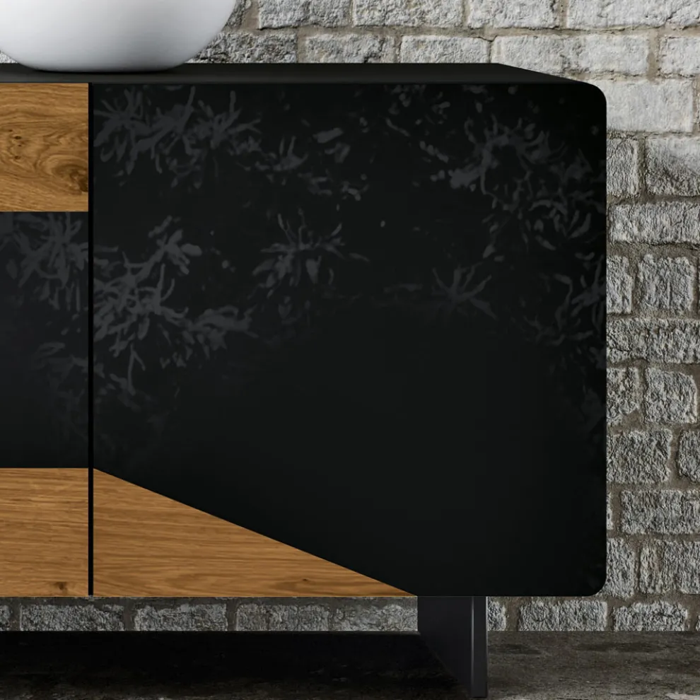Wohnzimmer-Sideboard mit 3 Türen in rustikaler geknoteter Eiche und anthrazitfarbenem Glas – Ove
