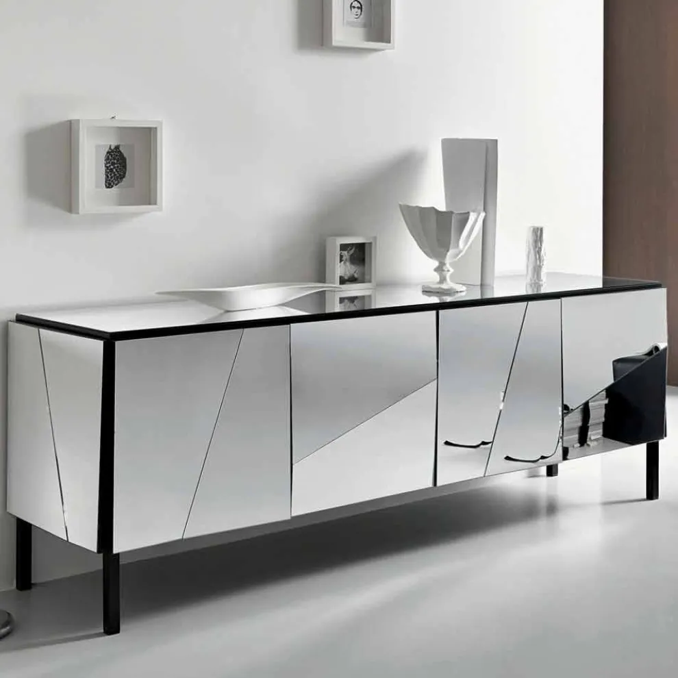 Wohnzimmer-Sideboard aus mattschwarzem Holz und verspiegelten Gläsern, italienischer Luxus - Sienese