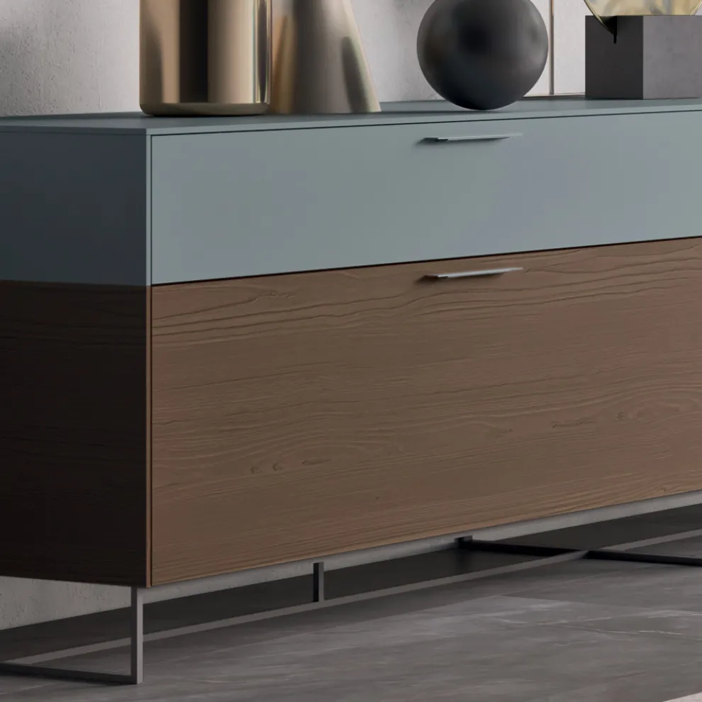 Wohnzimmer-Sideboard aus ökologischem Holz mit Schubladen und lackierter Oberseite - Tamara