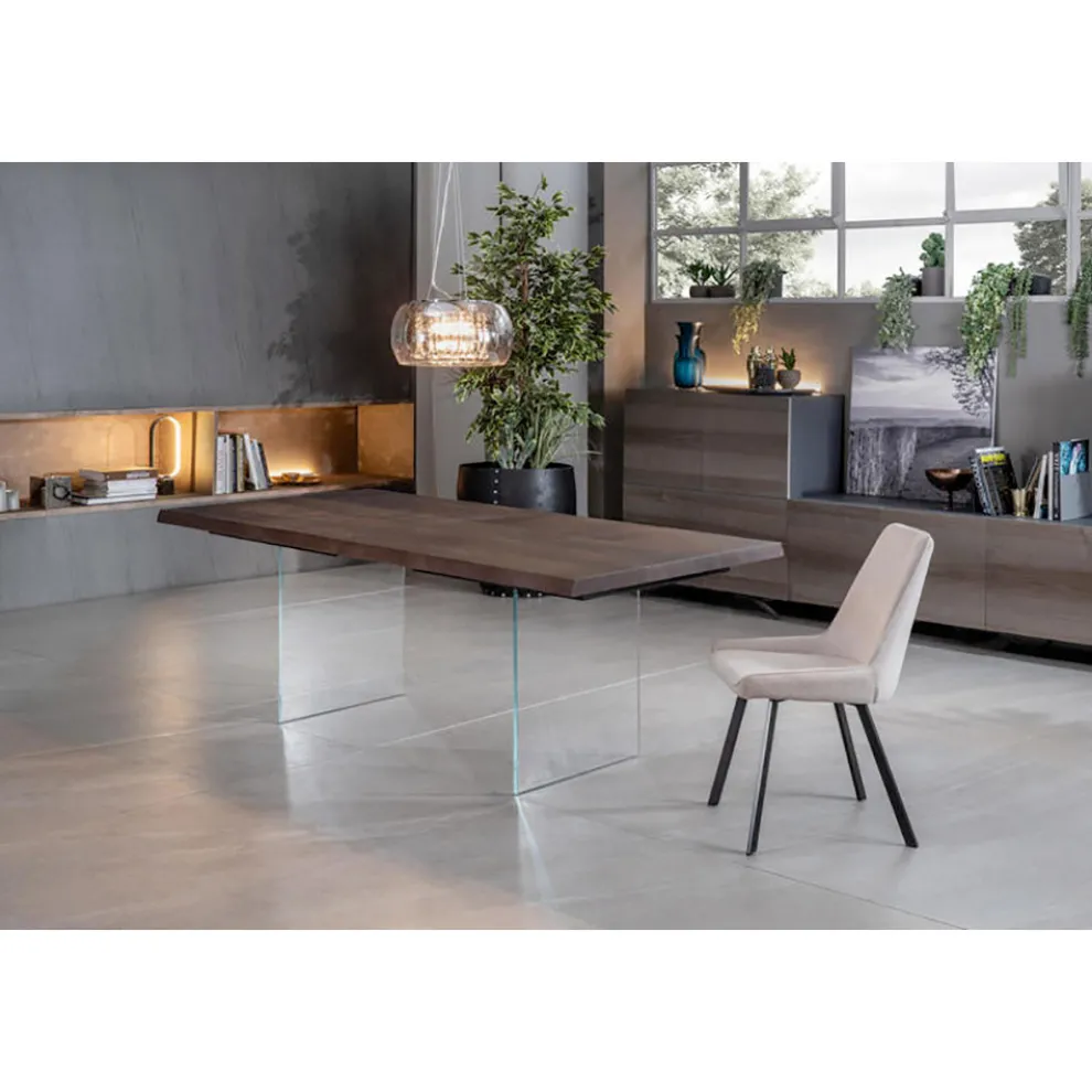 Wohnzimmertisch aus Eichenfurnier und Sockel aus gehärtetem Glas – Nicofisso