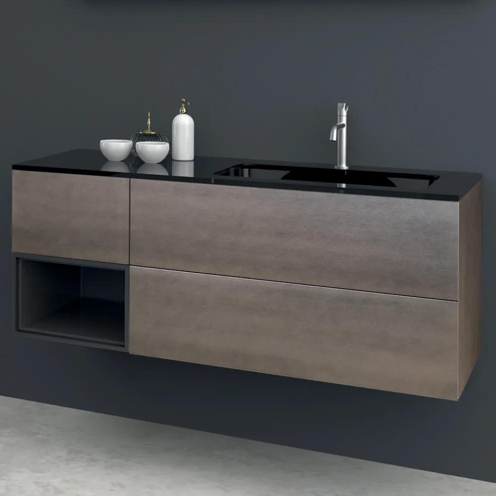 Zusammensetzung 2 Hängende Badezimmermöbel aus Mdf Platin lackiert 120 cm - Renga